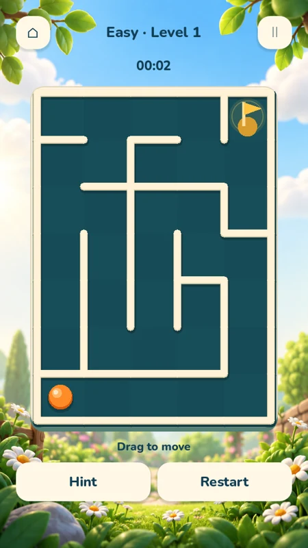 An orange ball at the start of a garden maze with a golden finish flag