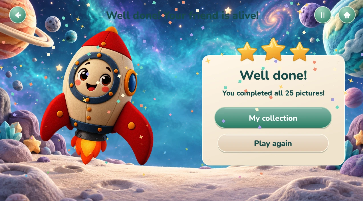 Shape It celebration screen in English with a smiling rocket and three stars