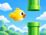 Flappy promotional illustration with a cheerful yellow bird flying between green pipes