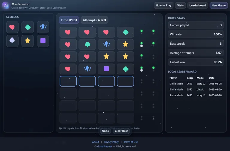 Mastermind board and symbol palette