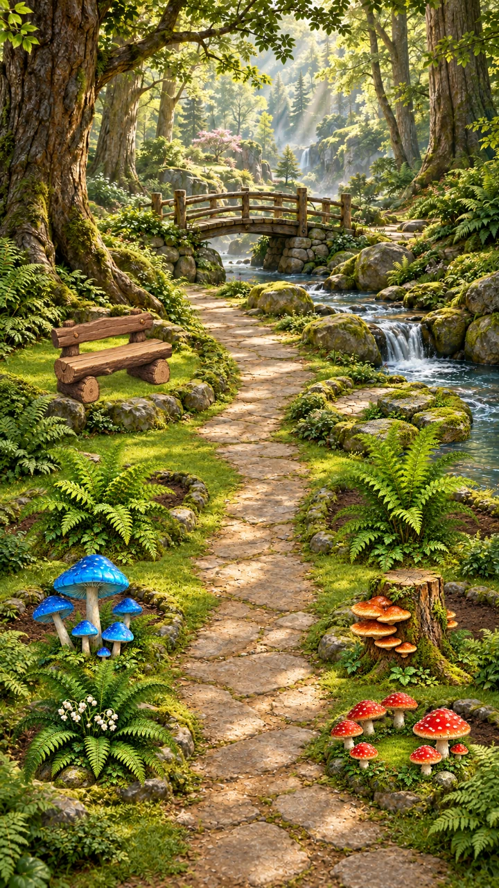 Restored Forest Garden with blue mushrooms, a log bench and a woodland stream