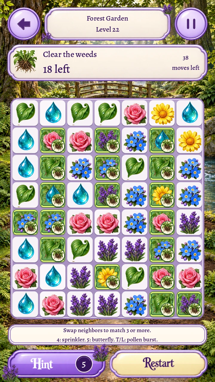 Actual Garden Blocks match-3 gameplay with flowers, water drops and highlighted weeds