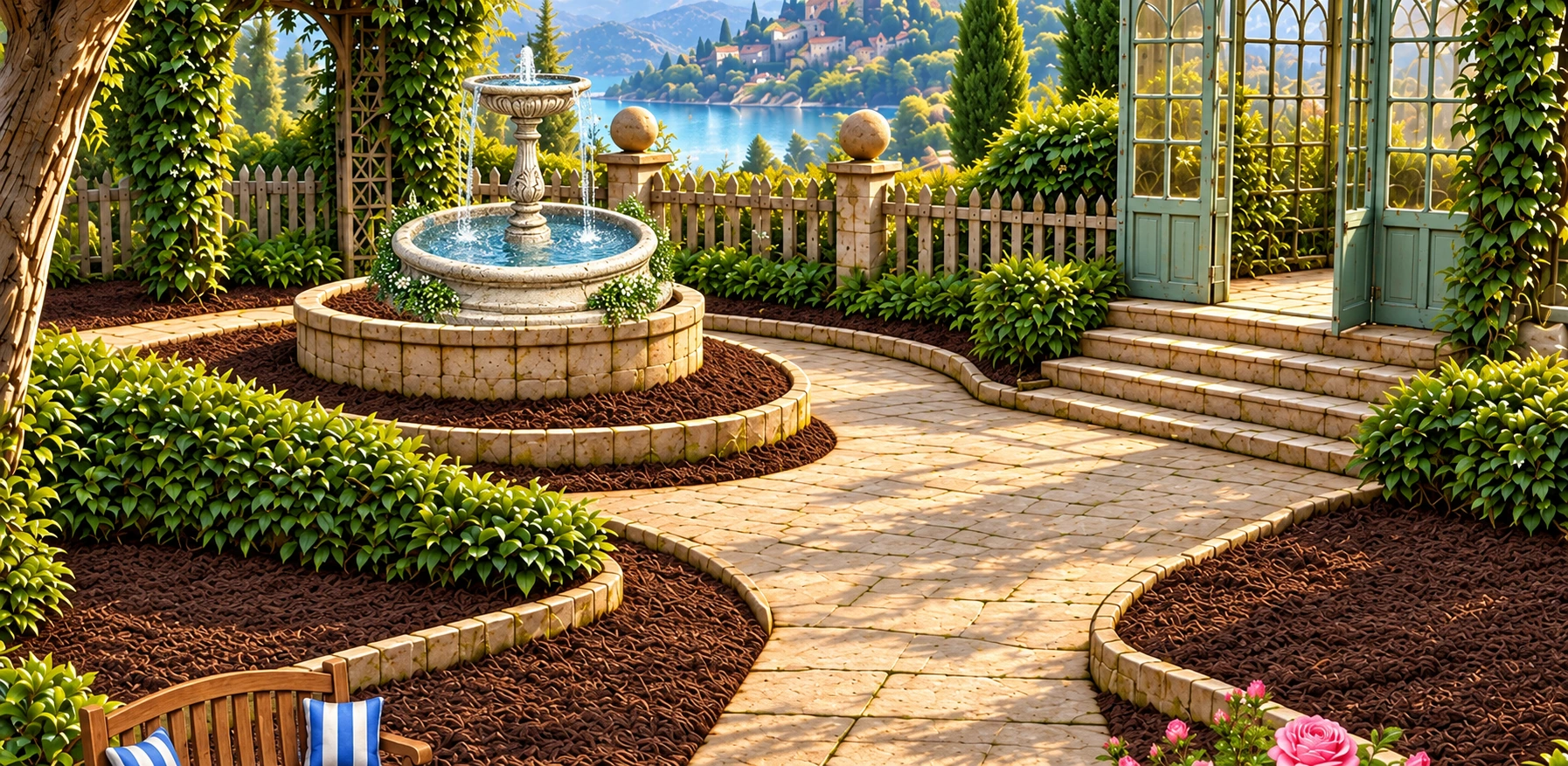 A restored Garden Blocks garden with a fountain, greenhouse, flowers and a winding stone path