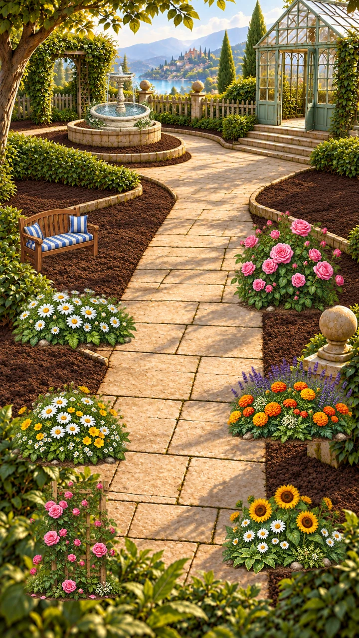 A restored Home Garden with flowers, a bench, fountain and greenhouse