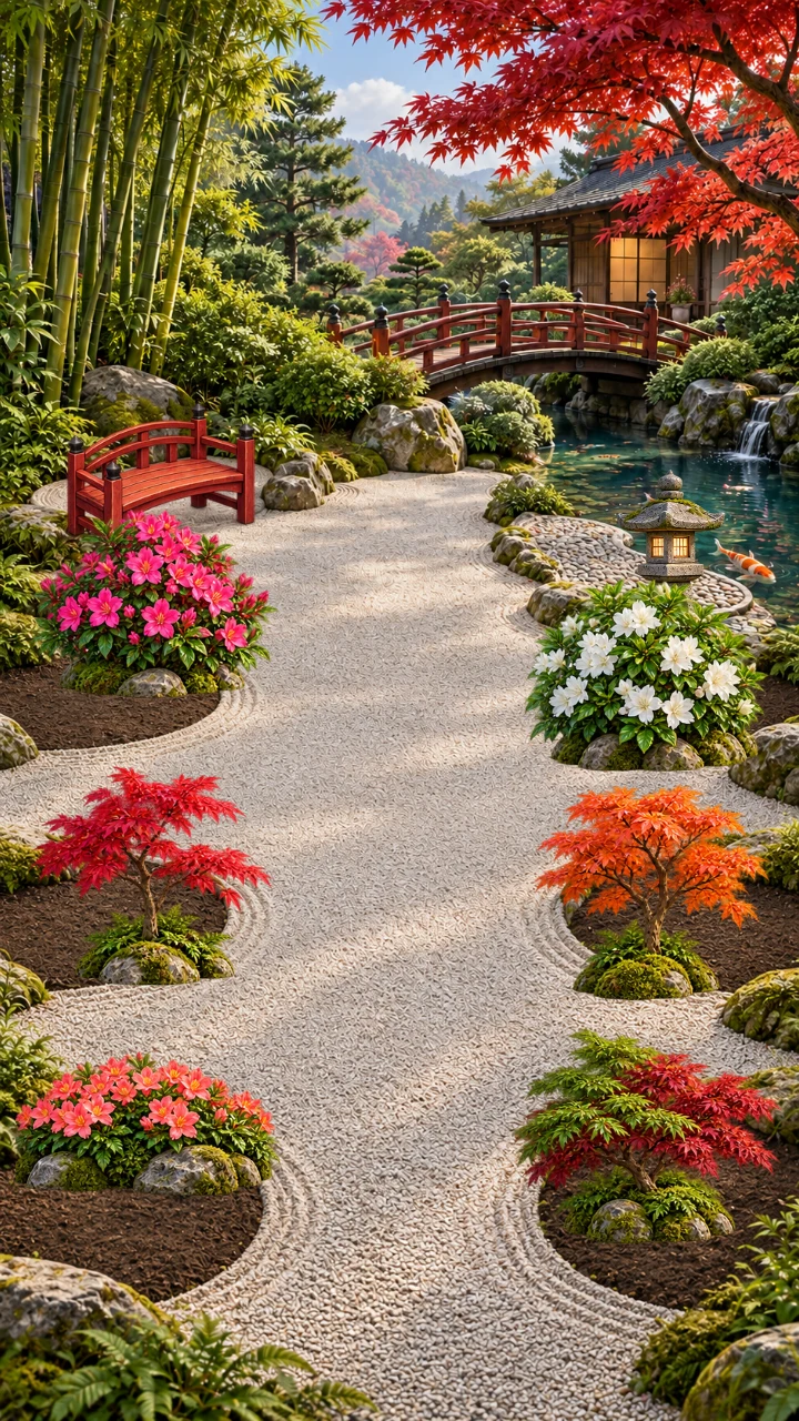 A completed Japanese Garden with a winding path and ornamental plants