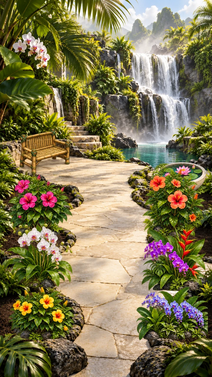 A completed Tropical Garden surrounded by lush plants and waterfalls