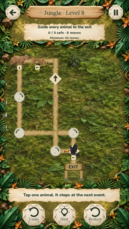 Jungle puzzle with an origami jaguar and toucan beside branching paths and turn signs