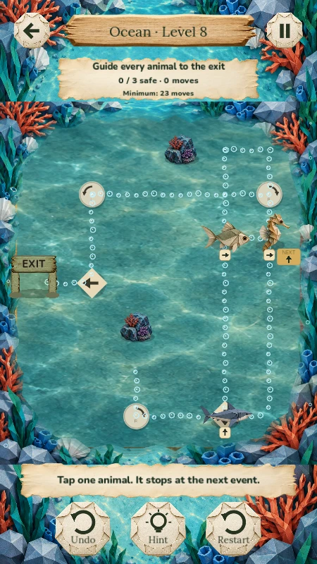 Ocean puzzle with origami sea creatures following bubble paths around coral to the exit