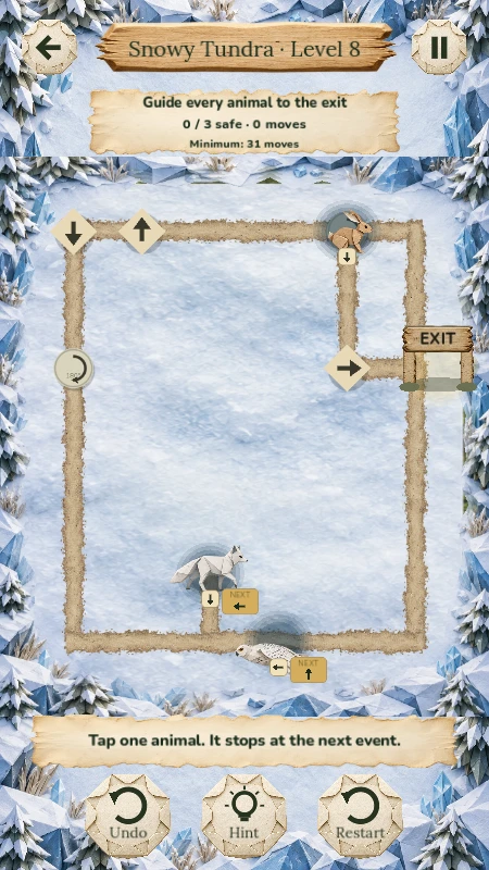 Snowy Tundra puzzle with origami animals on a snow-covered route with turn signs and an exit