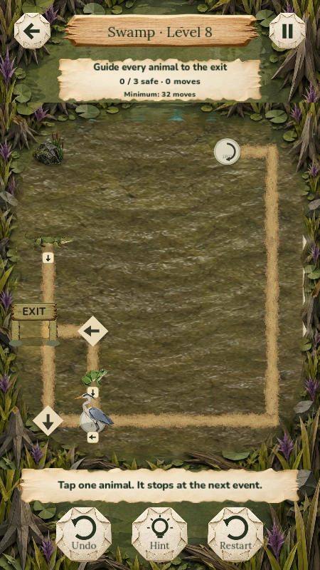 Swamp puzzle with a paper alligator, frog and heron navigating muddy paths to the exit