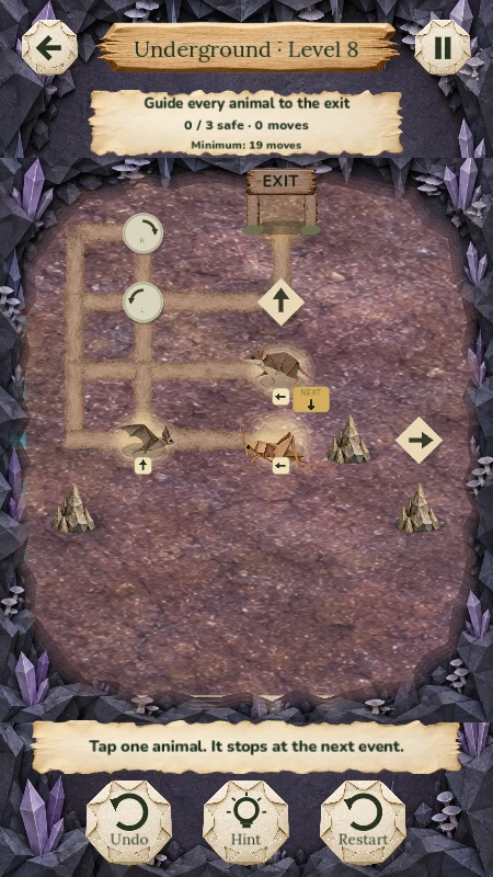 Underground puzzle with origami animals, rocks and turning signs in a purple crystal cave