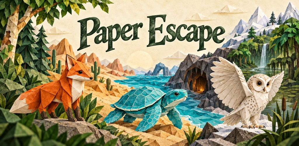 Paper Escape artwork with an origami fox, sea turtle and owl across folded-paper habitats