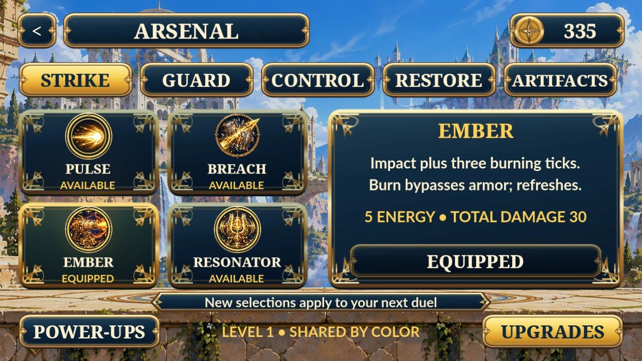 Arsenal screen with illustrated equipment and ability descriptions