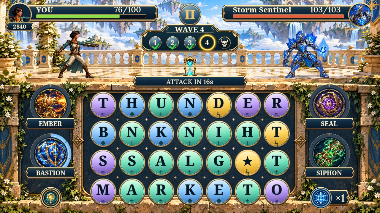 Endless battle with a letter grid below two fighters and four equipped abilities