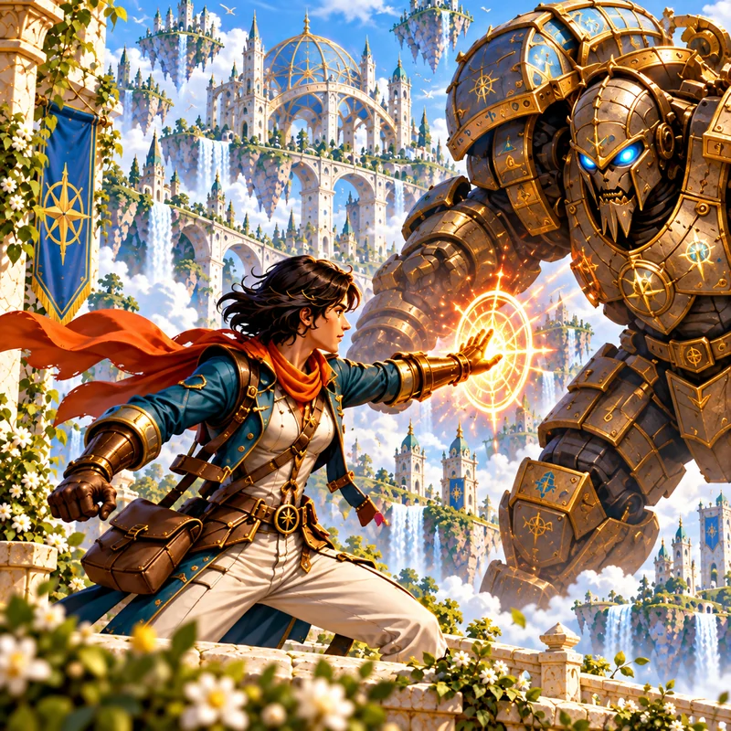Hero challenging an armored guardian