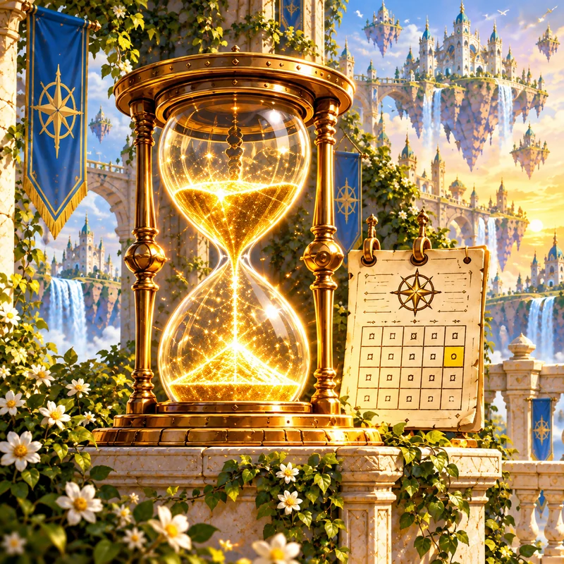 An ornate hourglass surrounded by magical light
