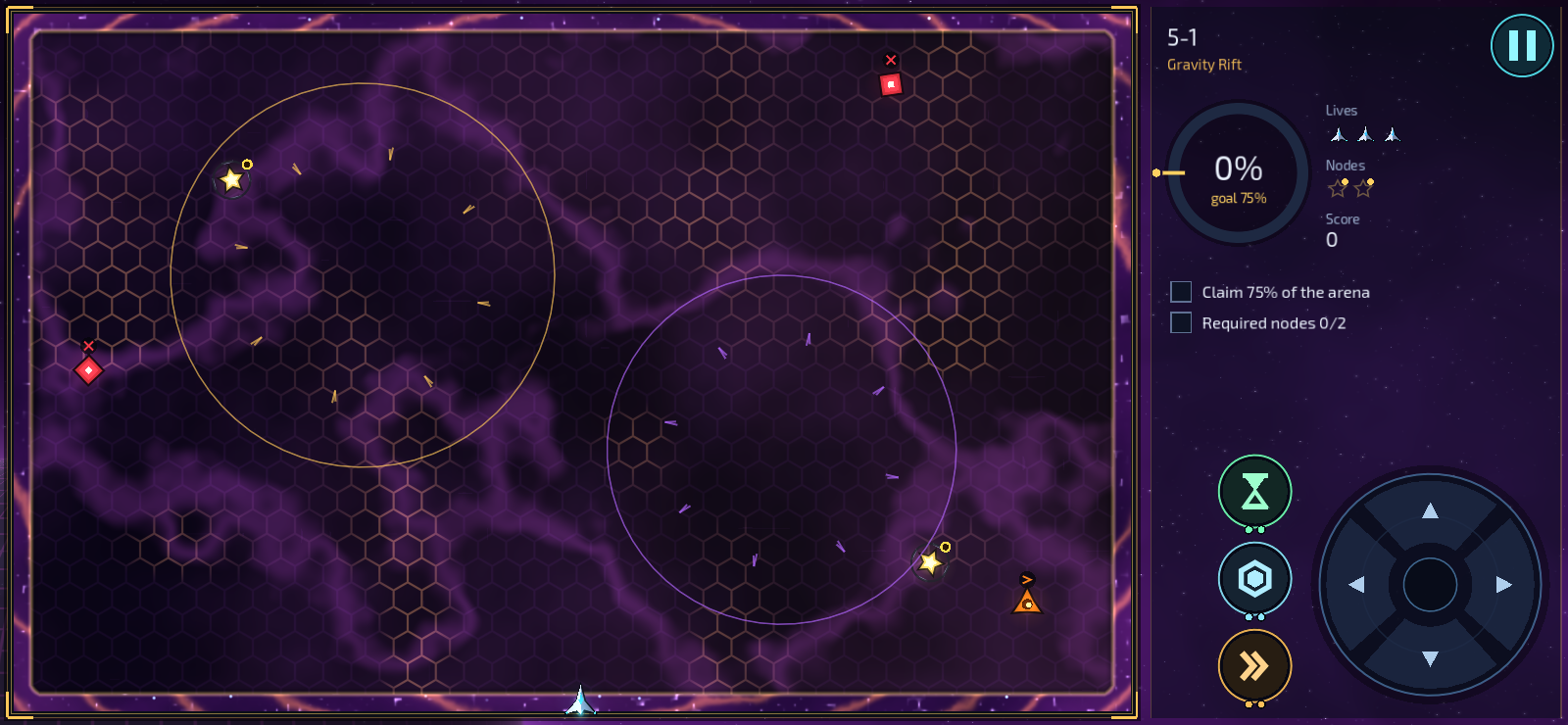 Gravity Rift gameplay with two gravity fields, enemies, territory target and directional controls